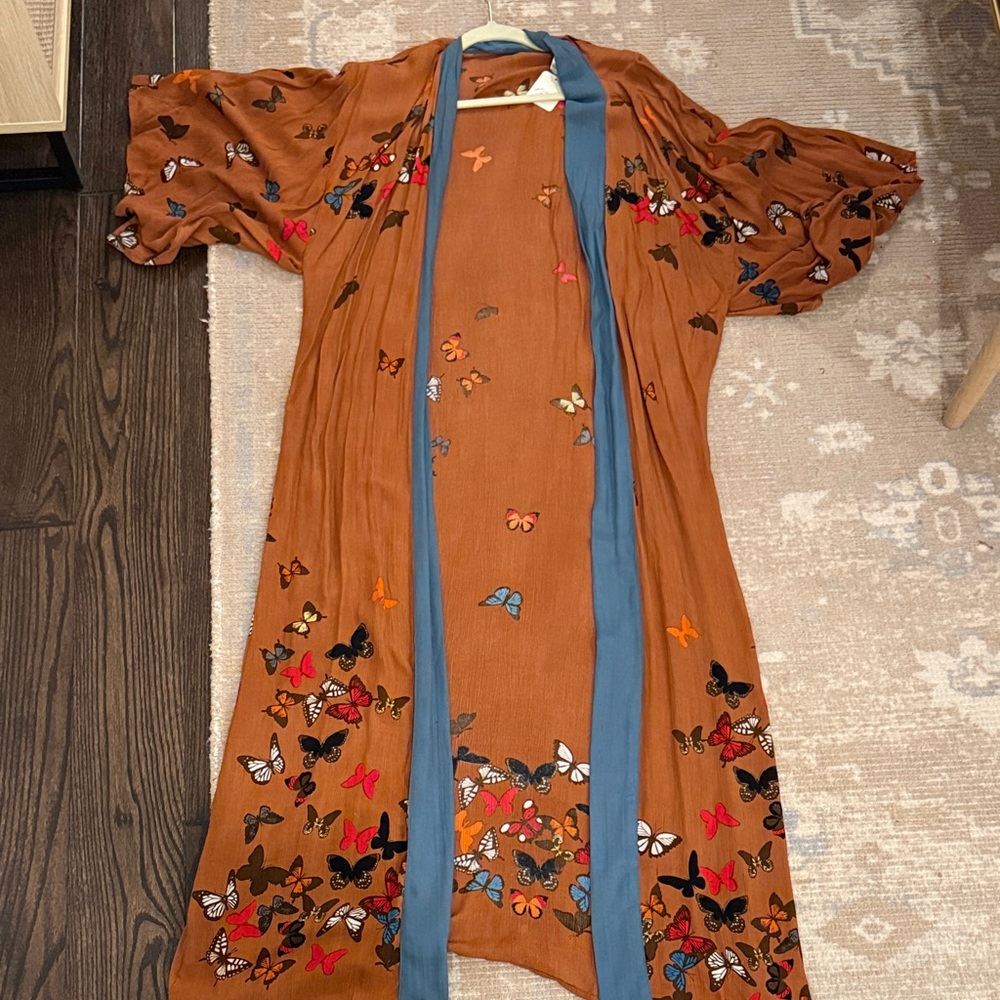 Free People Brown Kimono with Butterfly and Blue Accents